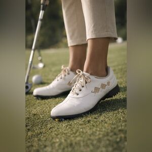 FOOTJOY ARGYLE WHITE TAN WOMANS GOLF 6 1/2 COMFORT SHOES